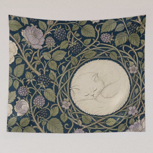Item preview, William Morris Sleeping Persian Cat Bramble Rose Bower with Berries Vintage Tapestry Pattern HD designed and sold by bard-art.