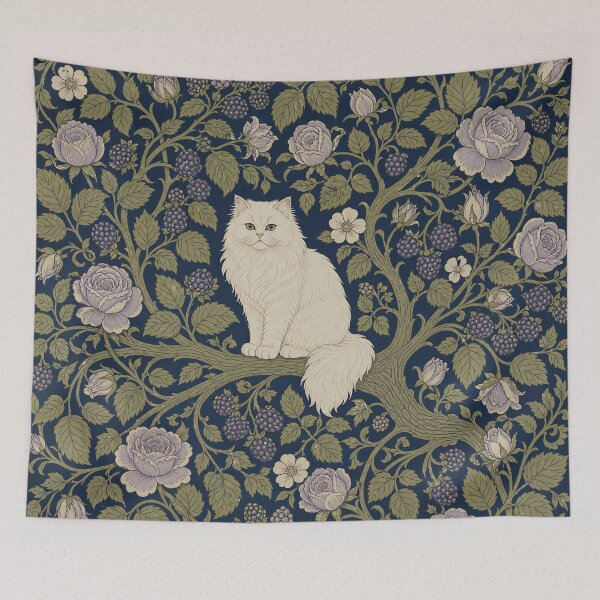 Item preview, William Morris Persian Cat in Bramble Rose Woodland Bower with Berries Vintage Tapestry Pattern HD designed and sold by bard-art.