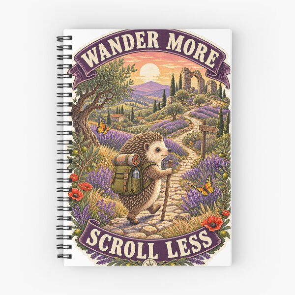 Item preview, Wander More, Scroll Less – Lavender Trail Hedgehog designed and sold by CarrotBadminton.