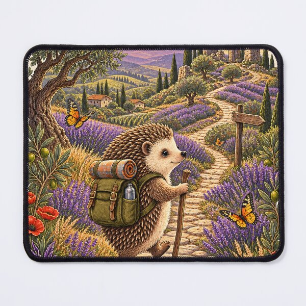Item preview, Wander More, Scroll Less – Lavender Trail Hedgehog designed and sold by CarrotBadminton.