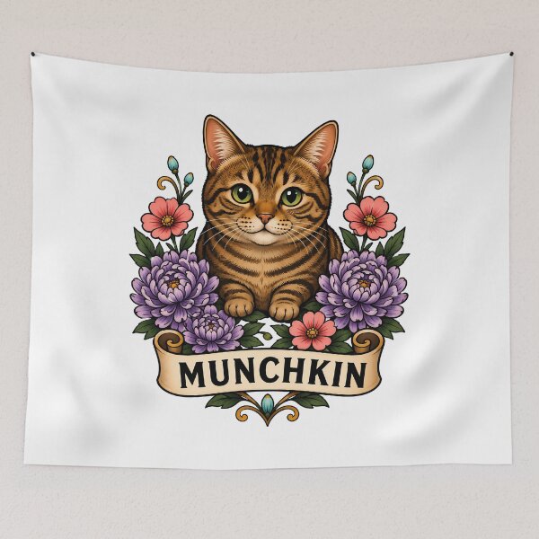 Item preview, Munchkin Cat Purple Dahlia Tattoo Art designed and sold by Old's Cool Cat Studio.