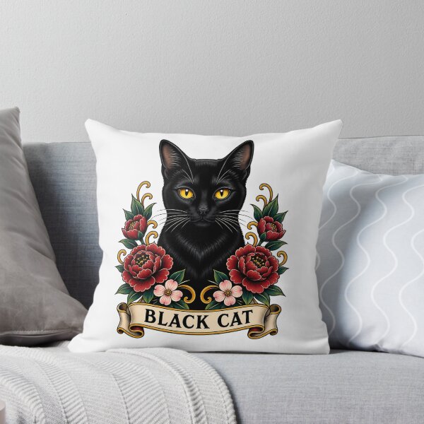 Item preview, Black Cat Vintage Chrysanthemum Tattoo Art designed and sold by Old's Cool Cat Studio.
