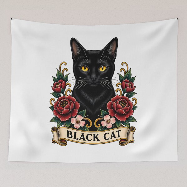 Item preview, Black Cat Vintage Chrysanthemum Tattoo Art designed and sold by Old's Cool Cat Studio.