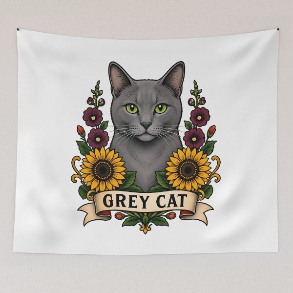 Item preview, Gray Cat Sunflower Vintage Tattoo Art designed and sold by Old's Cool Cat Studio.