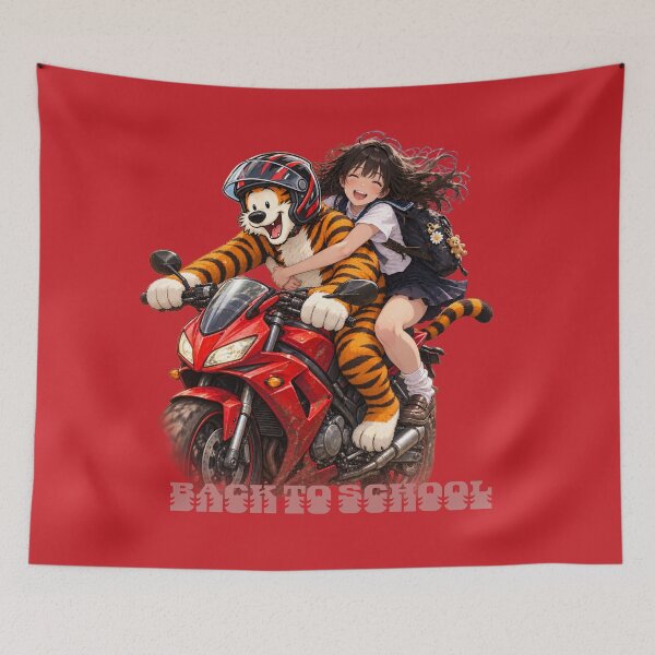 Item preview, Back to School Anime Girl and Tiger Motorcycle Ride – Fun Student Art designed and sold by BLUESKY11a.