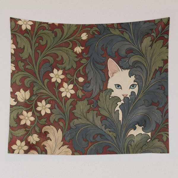 Item preview, William Morris White Cat Jasmine Acanthus Foliage Pattern Vintage Tapestry Pattern HD designed and sold by bard-art.