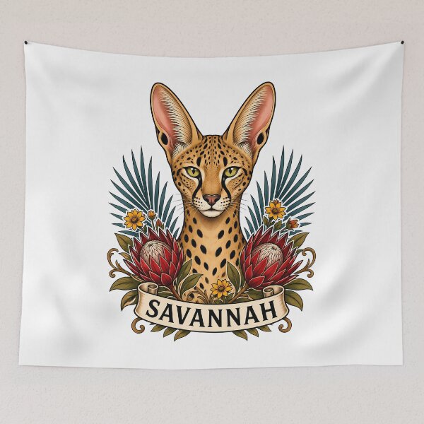 Item preview, Savannah Cat Protea Flower Tattoo Art designed and sold by Old's Cool Cat Studio.