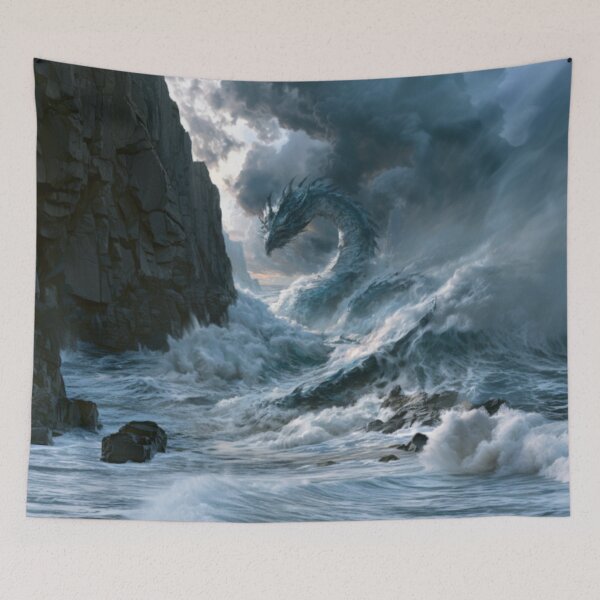 Item preview, A colossal Sea Serpent weaving through towering ocean waves beside towering sea cliffs beneath dramatic storm clouds, Fantasy & Mythological Creatures designed and sold by CDC40.