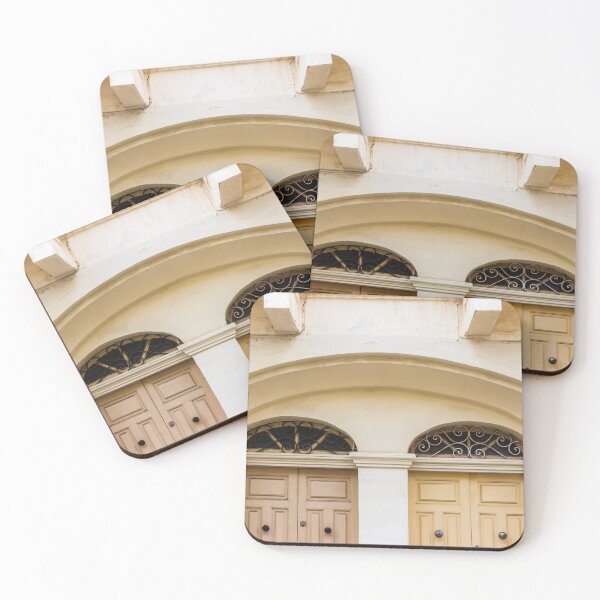 Item preview, Double Wooden Doors Under Archway With Decorative Iron Grilles On Cream Facade designed and sold by Nmallia.