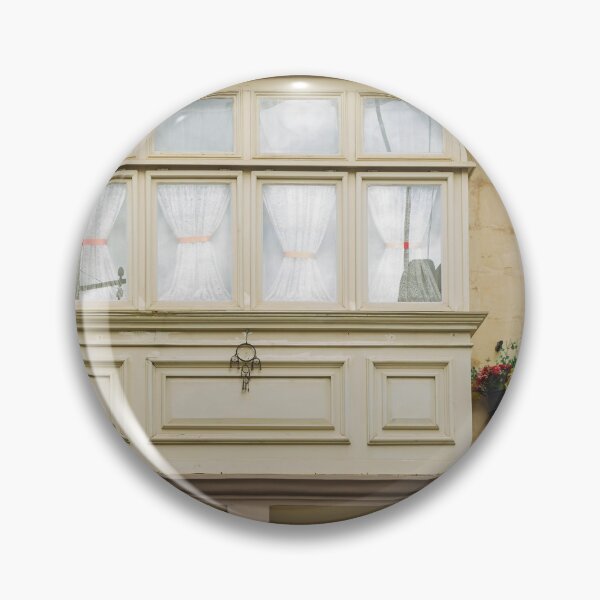 Item preview, Vintage Bay Window On Sunlit Yellow Facade With Curtains And Flower Pots, European Architecture designed and sold by Nmallia.