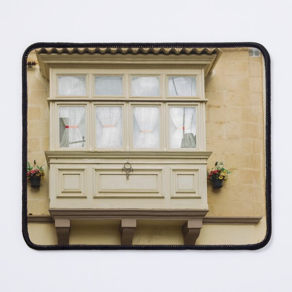 Item preview, Vintage Bay Window On Sunlit Yellow Facade With Curtains And Flower Pots, European Architecture designed and sold by Nmallia.