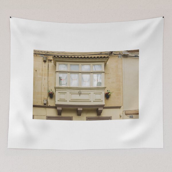 Item preview, Vintage Bay Window On Sunlit Yellow Facade With Curtains And Flower Pots, European Architecture designed and sold by Nmallia.
