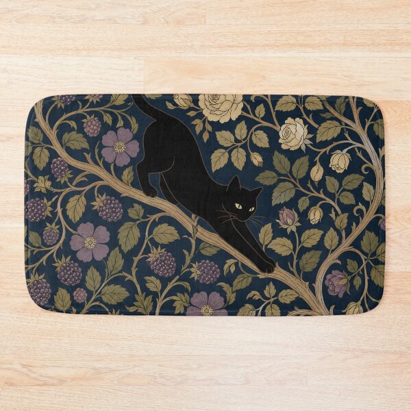 Item preview, William Morris Black Cat Stretching in Bramble Rose Bower with Berries Vintage Tapestry Pattern HD designed and sold by bard-art.