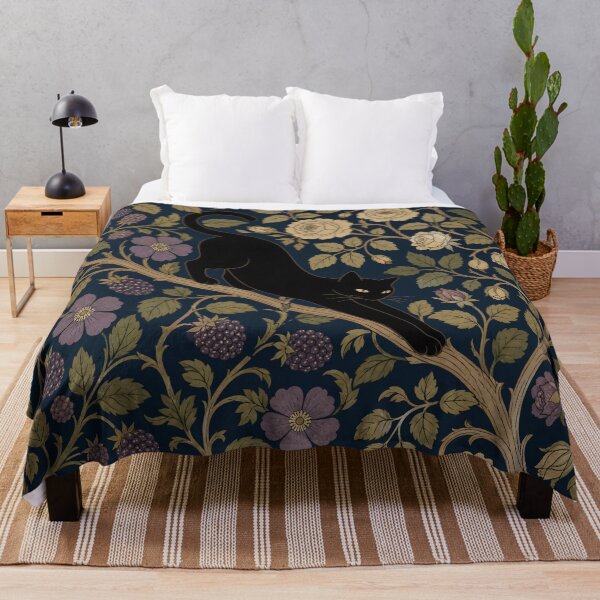 Item preview, William Morris Black Cat Stretching in Bramble Rose Bower with Berries Vintage Tapestry Pattern HD designed and sold by bard-art.