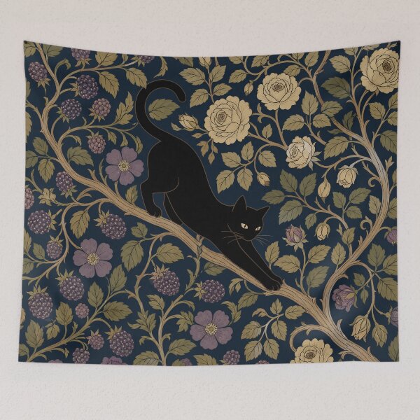Item preview, William Morris Black Cat Stretching in Bramble Rose Bower with Berries Vintage Tapestry Pattern HD designed and sold by bard-art.