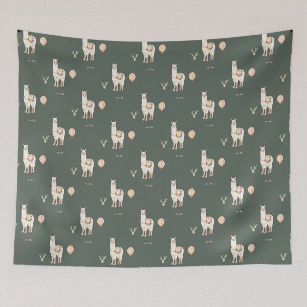 Item preview, Cute Watercolor Llama with Hot Air Balloon Dark Green Pattern designed and sold by svitlaarty.