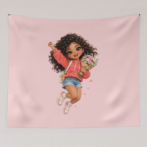 Item preview, Joyful Black Girl Jumping With Spring Flowers Bouquet designed and sold by taogiauco.