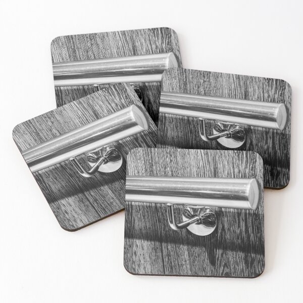 Item preview, Close-Up Of Chrome Door Lever With Round Backplate On Wood Door, Textured Grain, Black And White designed and sold by Nmallia.