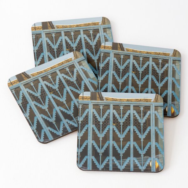 Item preview, Blue Metal Security Gate With Zigzag Pattern In Front Of Glass Window designed and sold by Nmallia.
