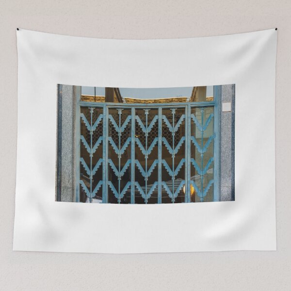 Item preview, Blue Metal Security Gate With Zigzag Pattern In Front Of Glass Window designed and sold by Nmallia.