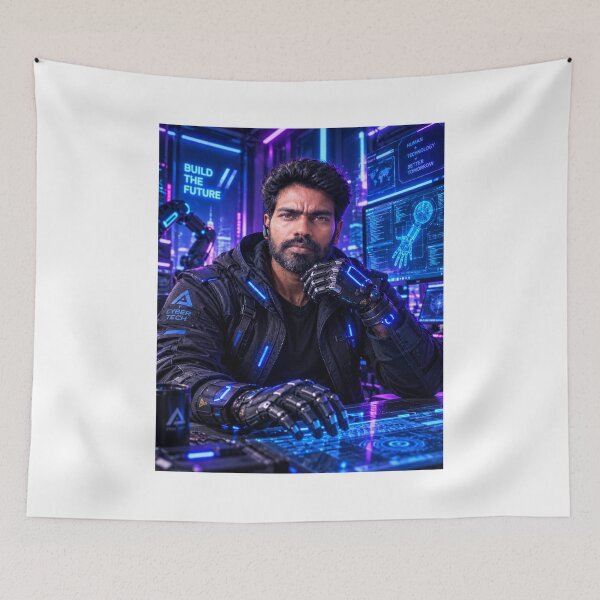 Item preview, Futuristic cyberpunk technician working with advanced robotic hands and glowing neon screens in a high-tech control room, generative AI designed and sold by Alphakingbeast.