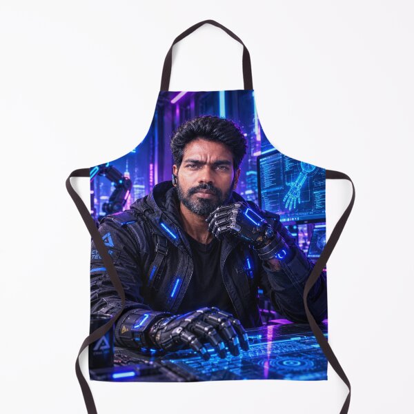 Item preview, Futuristic cyberpunk technician working with advanced robotic hands and glowing neon screens in a high-tech control room, generative AI designed and sold by Alphakingbeast.