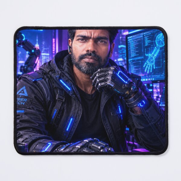 Item preview, Futuristic cyberpunk technician working with advanced robotic hands and glowing neon screens in a high-tech control room, generative AI designed and sold by Alphakingbeast.