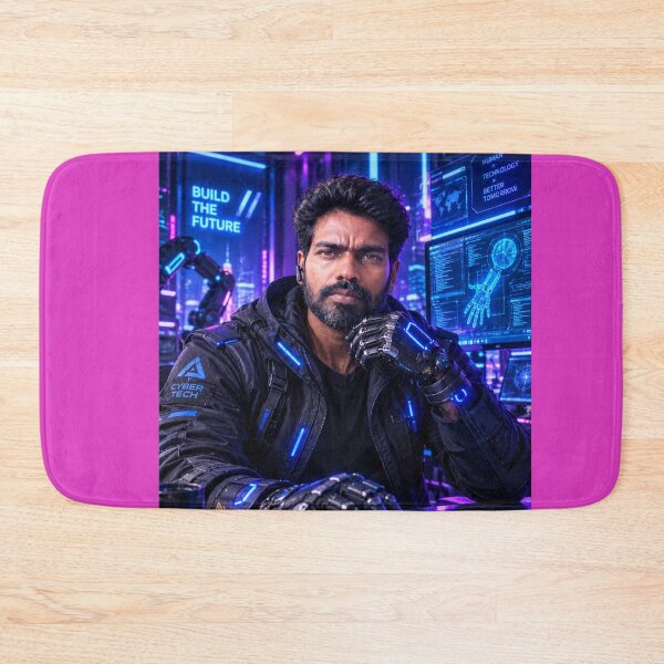 Item preview, Futuristic cyberpunk technician working with advanced robotic hands and glowing neon screens in a high-tech control room, generative AI designed and sold by Alphakingbeast.