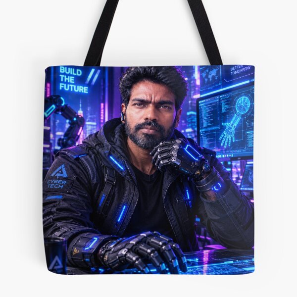 Item preview, Futuristic cyberpunk technician working with advanced robotic hands and glowing neon screens in a high-tech control room, generative AI designed and sold by Alphakingbeast.