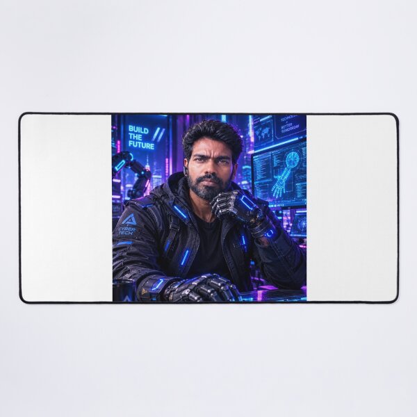 Item preview, Futuristic cyberpunk technician working with advanced robotic hands and glowing neon screens in a high-tech control room, generative AI designed and sold by Alphakingbeast.