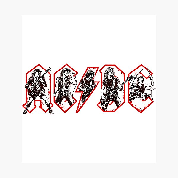 Artikelvorschau, Auftritt der AC/DC-Rockbandmitglieder innerhalb der ikonischen roten Logografik entworfen und verkauft von dartoffofo⭐⭐⭐⭐⭐.