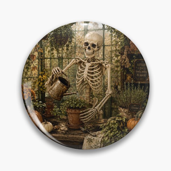 Item preview, The Greenhouse Keeper — Cozy Halloween Skeleton Gardener designed and sold by Novel Works Studio.