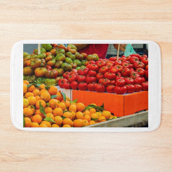 Item preview, Vibrant Fresh Market Tomatoes And Oranges Display At Colorful Outdoor Produce Stand designed and sold by Nmallia.