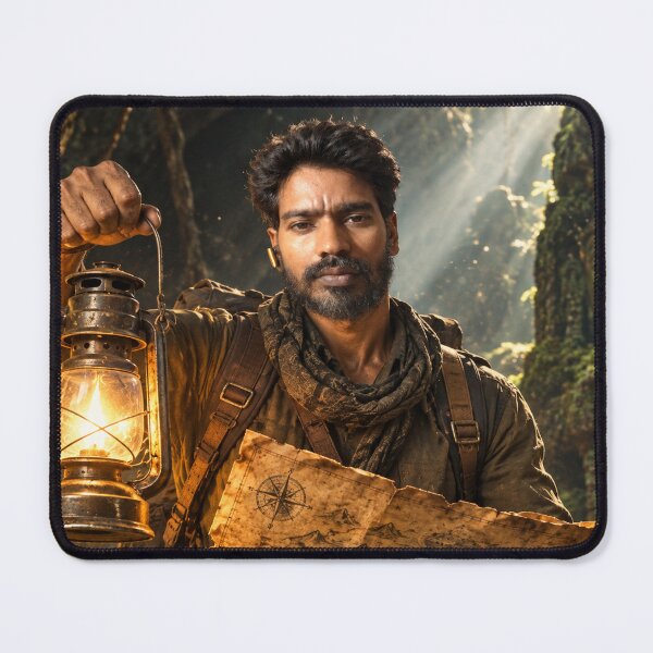 Item preview, Adventurous explorer holding an ancient treasure map and a glowing vintage lantern in a mysterious jungle ruins cave, generative AI designed and sold by Alphakingbeast.