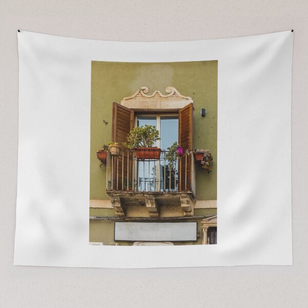 Item preview, Charming Balcony With Open Wooden Shutters and Potted Plants on a Green City Building designed and sold by Nmallia.