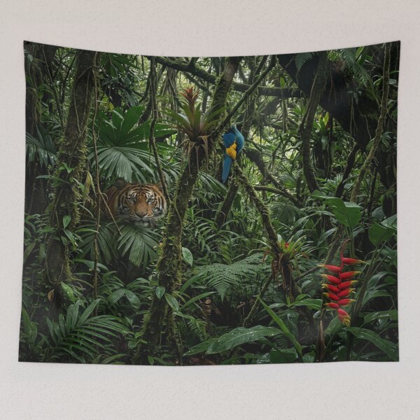 Item preview, Dense forest, tiger, macaw, and orchids. designed and sold by Solomon-Ent-144.