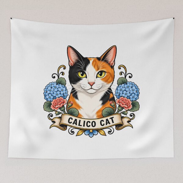 Item preview, Calico Cat Vintage Hydrangea Tattoo Art designed and sold by Old's Cool Cat Studio.