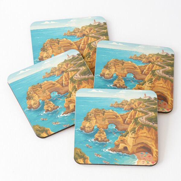 Item preview, Sunny coastal cliffs with turquoise sea arch and beach travel poster designed and sold by homydesign.