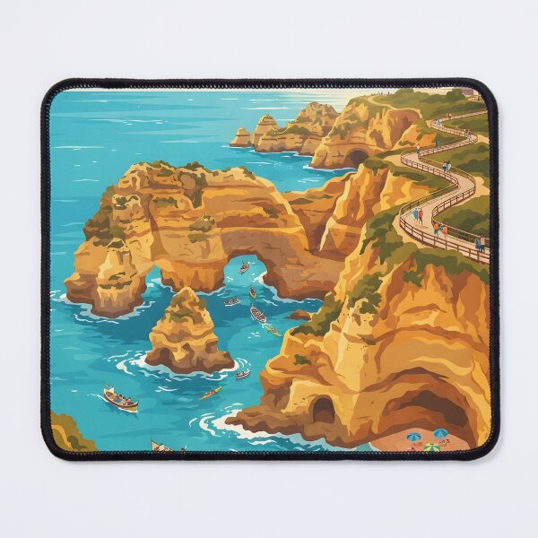 Item preview, Sunny coastal cliffs with turquoise sea arch and beach travel poster designed and sold by homydesign.