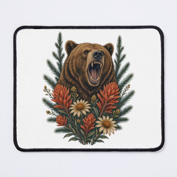 Item preview, Roaring Brown Bear with Wildflowers and Evergreen Branches designed and sold by ZhivanCrimson.