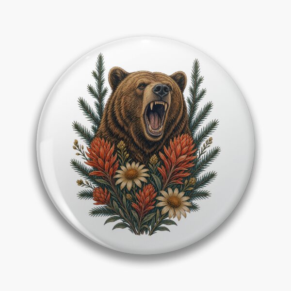 Item preview, Roaring Brown Bear with Wildflowers and Evergreen Branches designed and sold by ZhivanCrimson.