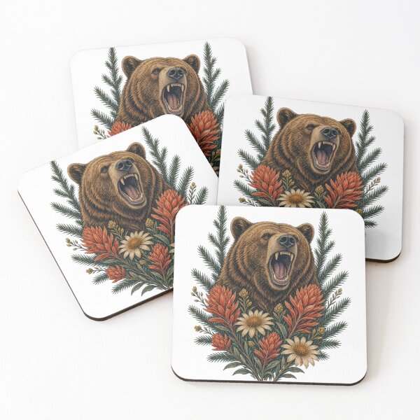 Item preview, Roaring Brown Bear with Wildflowers and Evergreen Branches designed and sold by ZhivanCrimson.