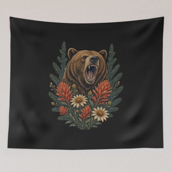 Item preview, Roaring Brown Bear with Wildflowers and Evergreen Branches designed and sold by ZhivanCrimson.