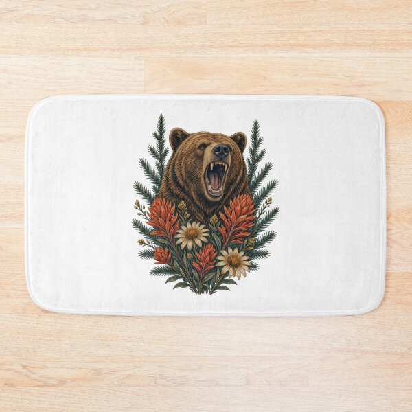 Item preview, Roaring Brown Bear with Wildflowers and Evergreen Branches designed and sold by ZhivanCrimson.