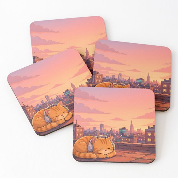 Item preview, Cute Sleeping Cat Headphones Rooftop Sunset Lofi designed and sold by Herodestroyer.