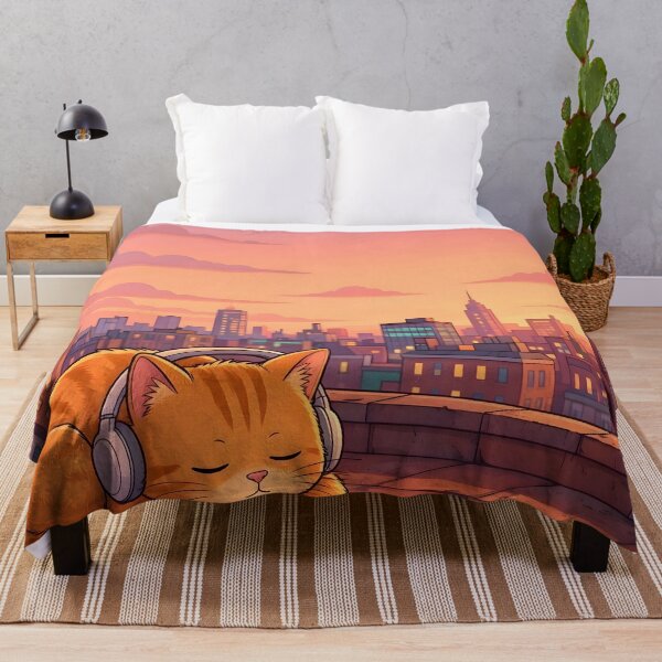 Item preview, Cute Sleeping Cat Headphones Rooftop Sunset Lofi designed and sold by Herodestroyer.