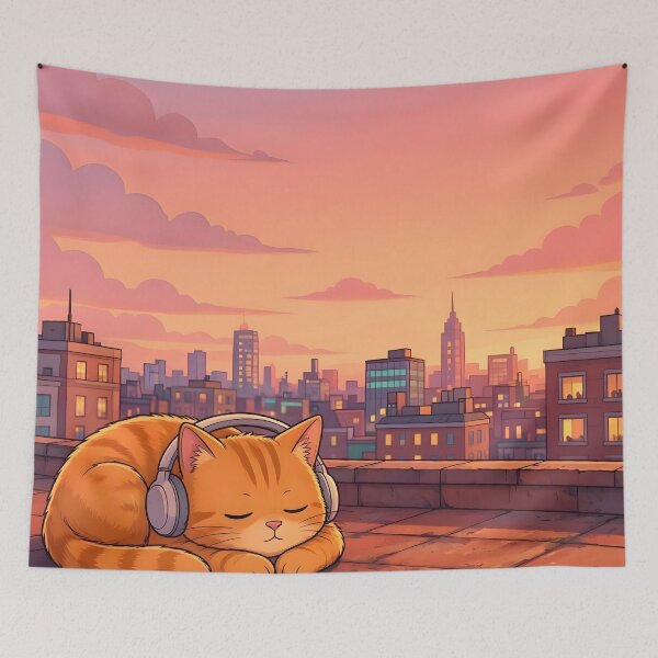 Item preview, Cute Sleeping Cat Headphones Rooftop Sunset Lofi designed and sold by Herodestroyer.