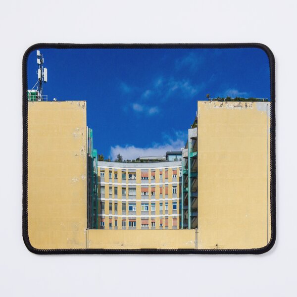 Item preview, Yellow Building With Curved Center Facade And Rooftop Antennas Under Bright Blue Sky designed and sold by Nmallia.