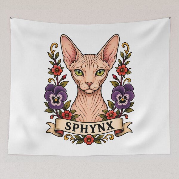 Item preview, Sphynx Cat Vintage Floral Tattoo Art designed and sold by Old's Cool Cat Studio.