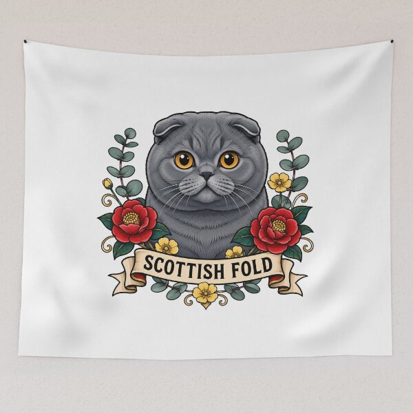 Item preview, Scottish Fold Cat Vintage Floral Tattoo Art designed and sold by Old's Cool Cat Studio.